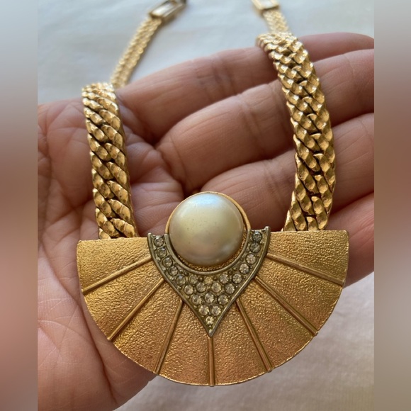 Park Lane Jewelry - Vintage Park Lane Fan Design Pearls Rhinestones Runway Statement Necklace
